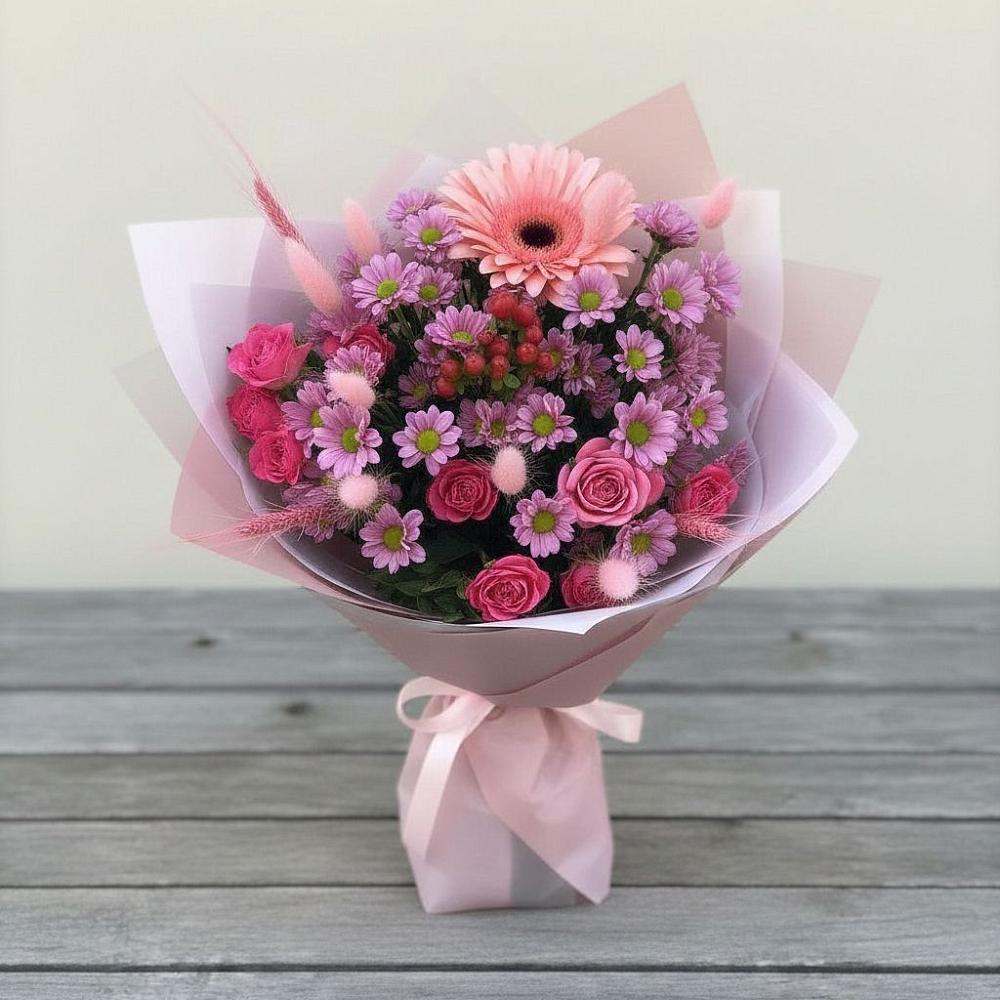 Букет цветов из: Розы, Герберы и Хризантемы в Редькино