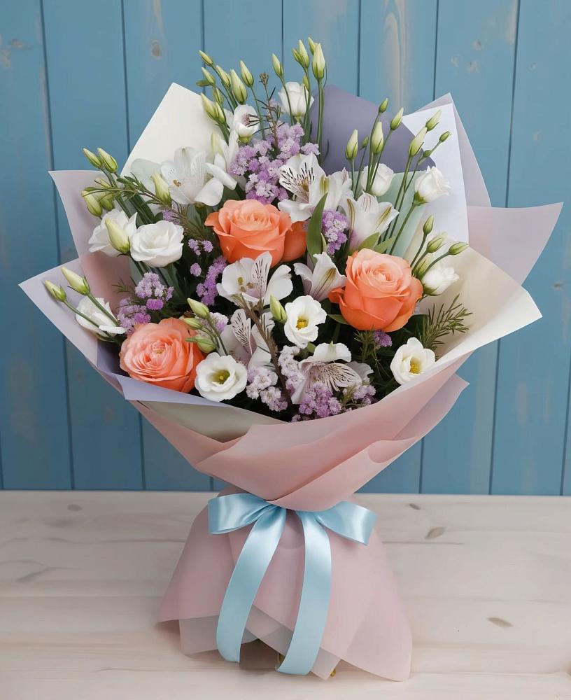 Букет цветов из: Лизиантусы, Розы, Альстромерии и Гипсофила в Редькино