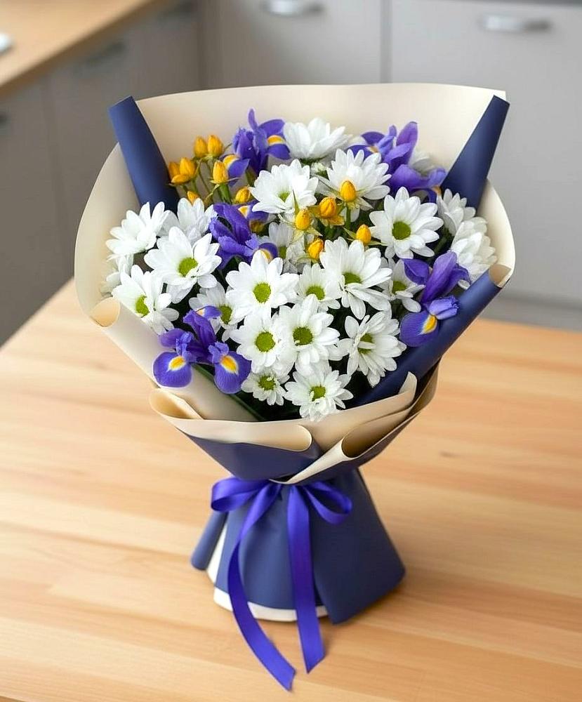 Букет цветов из: Розы, Ирисы и Хризантемы в Редькино